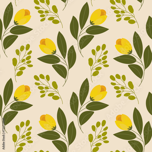 Seamless pattern, yellow tulip flowers and twigs with leaves on a light green background. Floral background, textile, vector.