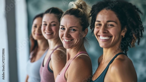 A gathering of athletic women joyfully posing in a yoga studio and exercising as a group.