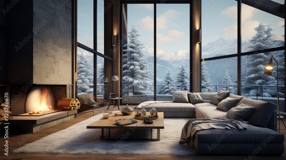 Modern chalet living room with a warm fireplace and a view of snow-covered trees, embodying luxurious comfort.