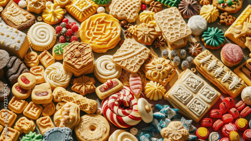 close-up of brightly colored of various biscuits, iced cookies with intricate designs and textures
