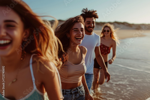 Happy friends having fun smilling and enjoying walk along beach