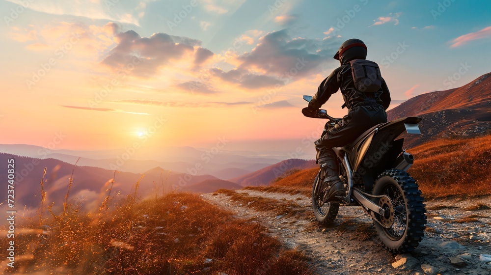 A male expert motorcyclist in complete gear riding a dirt bike on a mountain road during sunset, with a 3D rendered background, representing the thrill of motor racing. A male expert motorcyclist in complete gear riding a dirt bike on a mountain road during sunset, with a 3D rendered background, representing the thrill of motor racing.