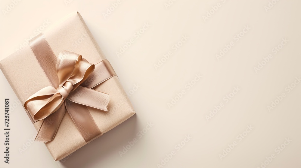 Soft beige gift packaging with a delicate ribbon, an invitation to a heartwarming surprise Soft beige gift packaging with a delicate ribbon, an invitation to a heartwarming surprise