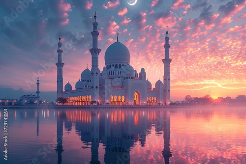 Moonlit Mosque: A Pink and Purple Sunset Generative AI
