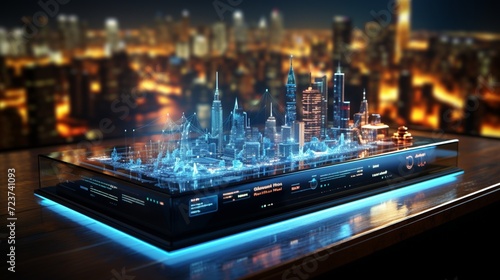 A futuristic holographic display projecting data insights with a touch of innovation.