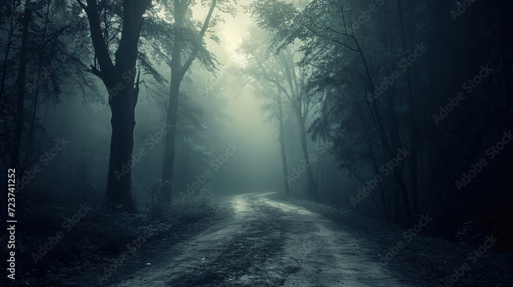 Enigmatic shadowy woods, misty path, eerie Halloween backdrop, frightening forest with spooky tree.