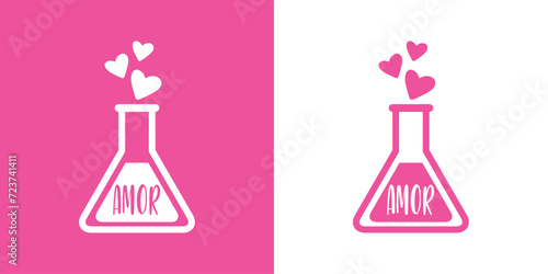 Logo del día de San Valentín. Poción de amor. Botella de cristal con líquido con palabra AMOR en español y corazones para su uso en felicitaciones y tarjetas