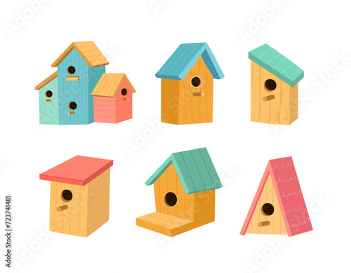 Set of cute birdhouses vector illustration in cartoon style. Hello spring. Bird houses isolated on white background.