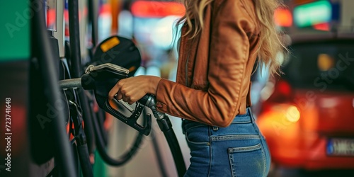 A woman's hand filling up at a gas station petrol pump in a top-notch image. photo