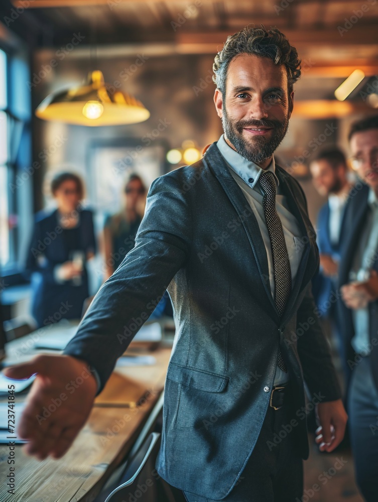 Image of entrepreneur greeting recent staff member to his organization and team extending hand forward in contemporary workplace with coworkers in the backdrop.