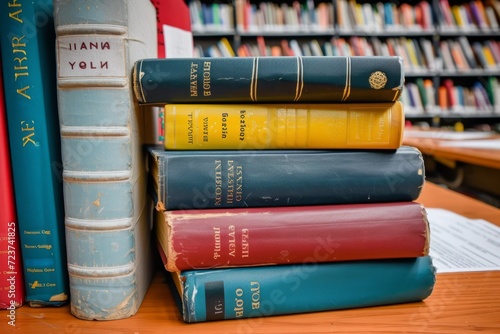 A stack of old books on a wooden table in a library photo