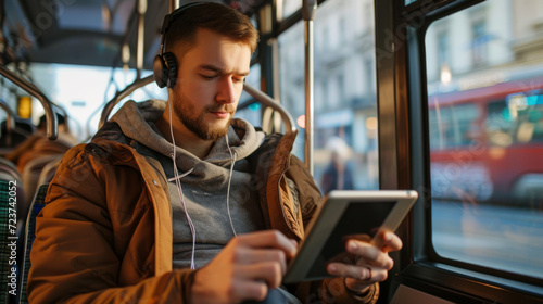 man is sitting in a bus, looking intently at his phone while wearing earphones, a hoodie, and a mustard-colored jacket, with the city passing by outside the window