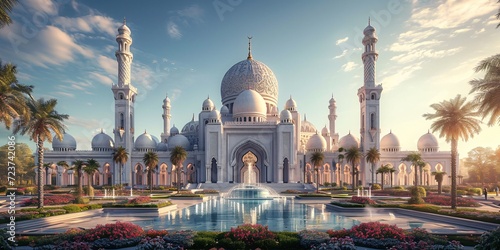 Arabian Nights - A stunning white mosque with a fountain in the courtyard, reminiscent of the famous One Thousand and One Nights tales. Generative AI