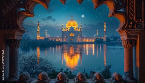 Glowing Mosque at Night: A Stunning View of the Grand Mosque in the Middle East Generative AI