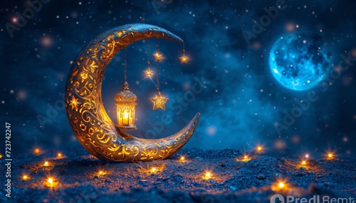 Golden Lamp with Star Decoration: A Celebration of the Month of Ramadan Generative AI photo
