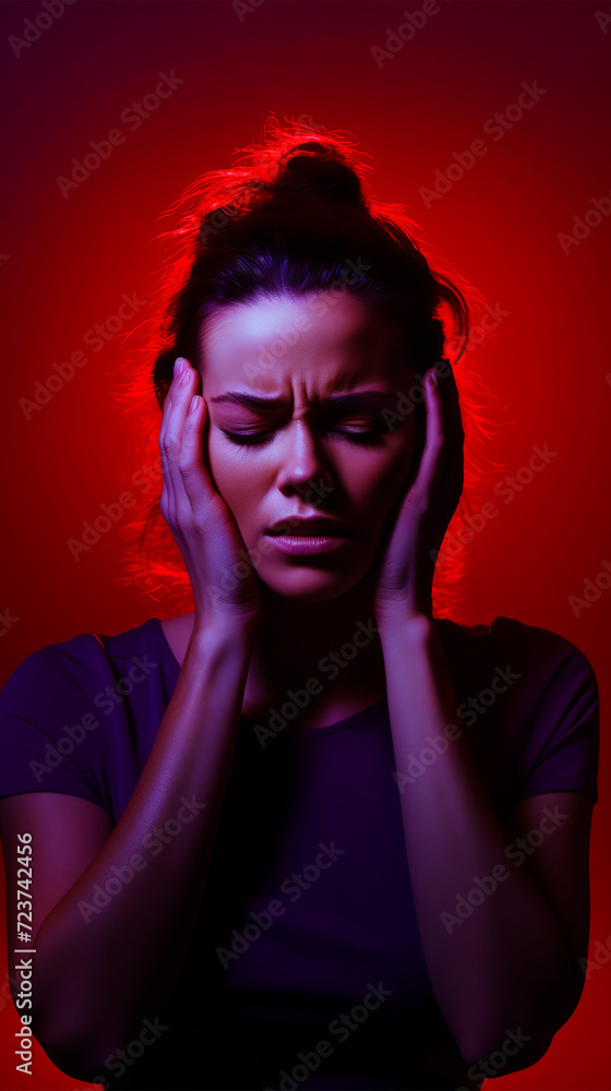 Woman with of pain, hands pressed to her temples, is depicted against background of intense red light, conveying the agony of severe headache or migraine. Struggling with stress. Neurological diseases Woman with of pain, hands pressed to her temples, is depicted against background of intense red light, conveying the agony of severe headache or migraine. Struggling with stress. Neurological diseases