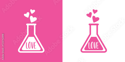 Logo del día de San Valentín. Poción de amor. Botella de cristal con líquido con palabra LOVE y corazones para su uso en felicitaciones y tarjetas
