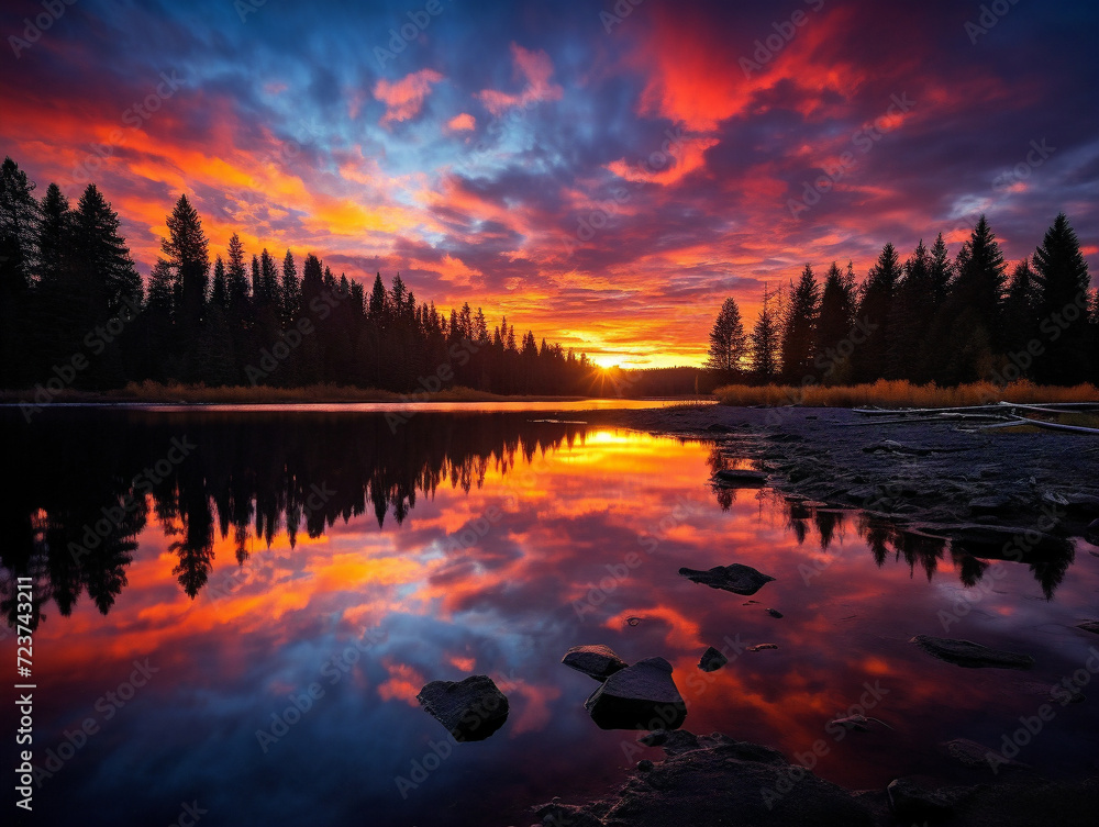 A breathtaking sunset over a peaceful lake, with its serene beauty reflected in the water.