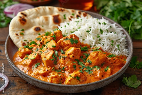 Indian Cuisine Delight: Chicken Tikka Masala with Rice and Onions Generative AI