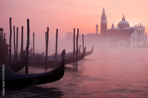 a serene and mystical scene in Venice, Italy, with moored gondolas and a silhouetted cathedral at sunset, ai generative