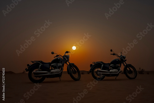 Two motorcycles are silhouetted against a sunset in a vast, tranquil desert, creating a serene and adventurous atmosphere, ai generative