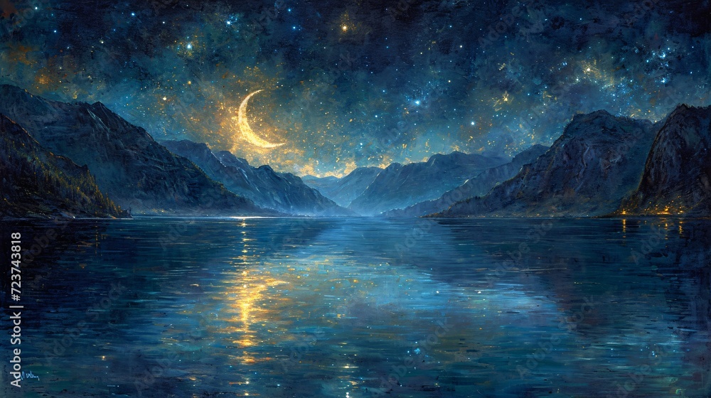 Naklejka premium Glowing Moonlit Night on the Water Generative AI