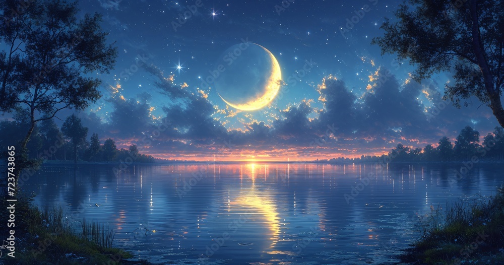 Glowing Moon Over Still Water: A Celestial Nighttime Scene Generative AI - obrazy, fototapety, plakaty 