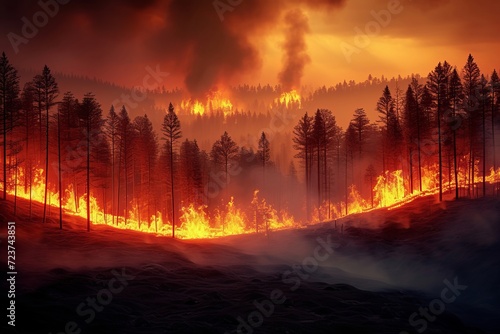 Illustration of a Nighttime Forest Fire Disaster, Trees Engulfed in Flames, Depicting the Devastating Effects of Wildfire and Environmental Destruction Caused by Global Warming