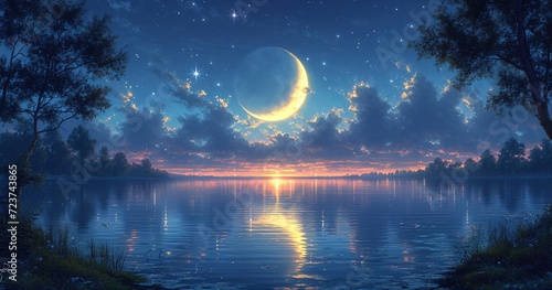 Glowing Moon Over Still Water: A Celestial Nighttime Scene Generative AI photo