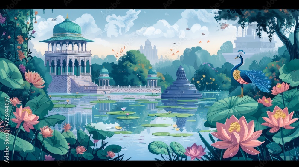 Mughal garden, lake, peacock, water lily, temple illustration pattern