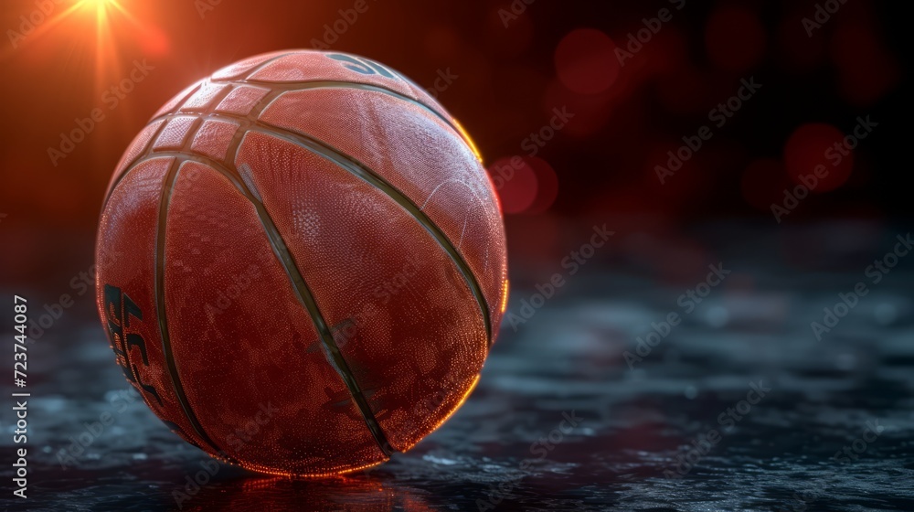 Basketball sitting on a wet court with a spotlight in the background
