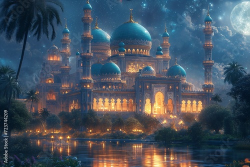 Arabian Nights: A Glowing, Blue-Tinted Mosque at Night Generative AI
