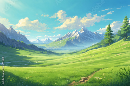 Green grass field in the mountains in a sunny day in anime style