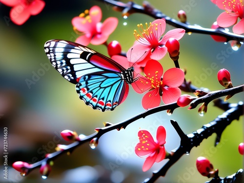 beautiful spring flower with morning dew and colorful butterfly