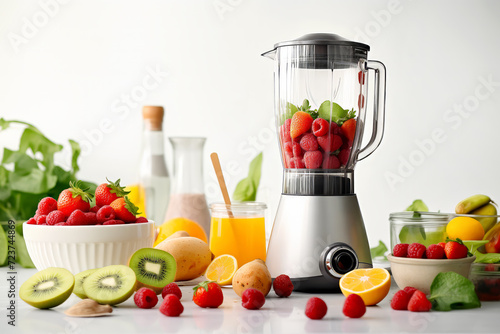 Healthy ingredients for smoothie fresh near blender in kitchen. Strawberries kiwi and oranges provide nutrient-packed foundation for beverage