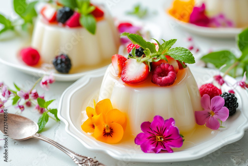 Wallpaper Mural Italian dessert. Strawberry Panna Cotta with sauce, on a plate. Light grey background. Delicious dessert. Panna cotta decorated with lilac and yellow flowers and mint leaves Torontodigital.ca