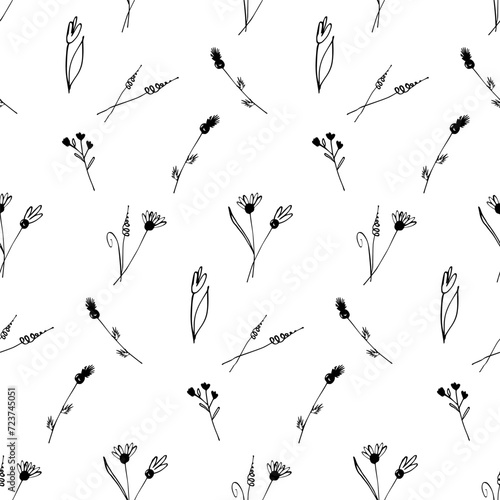 Seamless botanical pattern with hand drawn flowers on white. Wrapping paper with wildflowers. Coloring