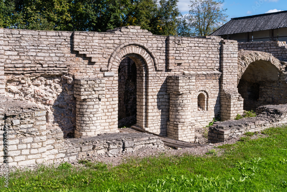 Pskov, Russia, September 6, 2023. Ruins of the foundation of an old temple in the Kremlin.