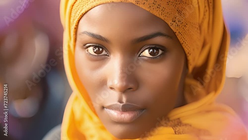 young African woman, possessing deepset eyes that hint towards weary soul, leads refugee support group in makeshift community center. Working within realms of humanistic psychology, she personifies photo