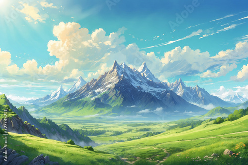 Mountains covered with green grass on a sunny day in anime style