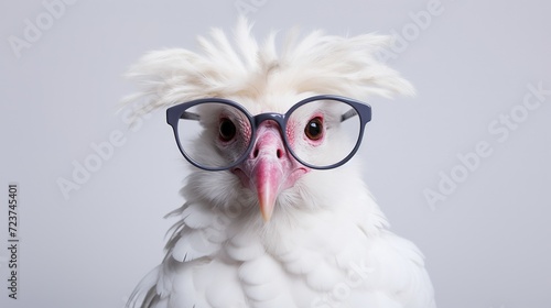 Mimicking the vibrant colors and whimsical style of Frida Kahlo, envision a portrait of a white chicken sporting black rimmed glasses against a plain white background photo
