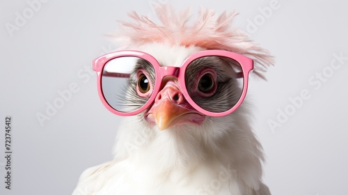 Mimicking the vibrant colors and whimsical style of Frida Kahlo, envision a portrait of a white chicken sporting black rimmed glasses against a plain white background photo