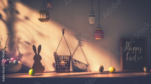 "Happy Easter" as a shadow cast on a wall by creatively placed Easter-themed objects 