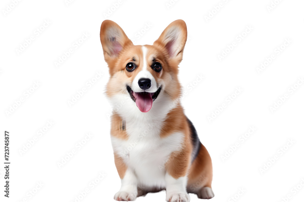 Cute corgi dog looking to the camera while being held by his owner at the vet clinic, selective focus, copy space. Pet health care concept 3d rendring isolated on white background. Generative AI.