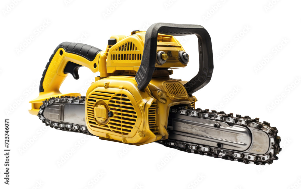Fototapeta premium Yellow gasoline chainsaw machine, rugged power tool equipment for logging and woodworking, detailed industrial illustration isolated on Transparent Background