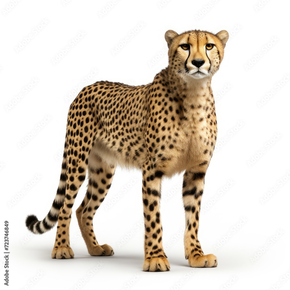 Elegant cheetah standing isolated on a white background, full body profile view. Elegant cheetah standing isolated on a white background, full body profile view.