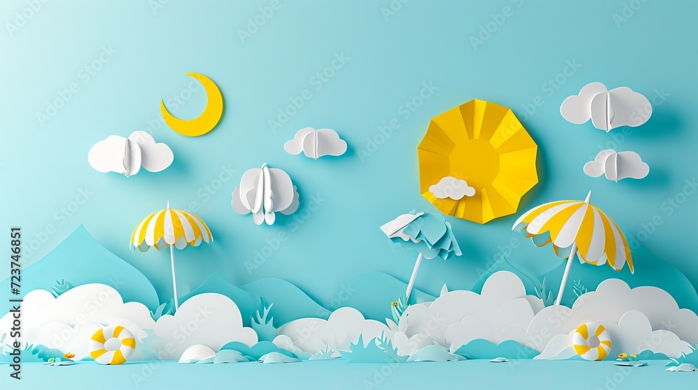 Vibrant paper art of a seaside setting with palm trees, clouds, a sun, beach balls, and starfish on a sunny day