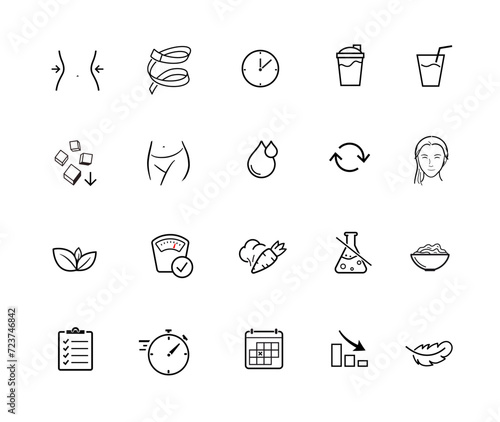 Weight loss icon set. The outline icons are well scalable and editable. Contrasting elements are good for different backgrounds. EPS10.