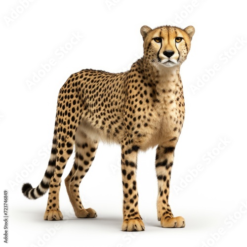 Elegant cheetah standing isolated on a white background, full body profile view.