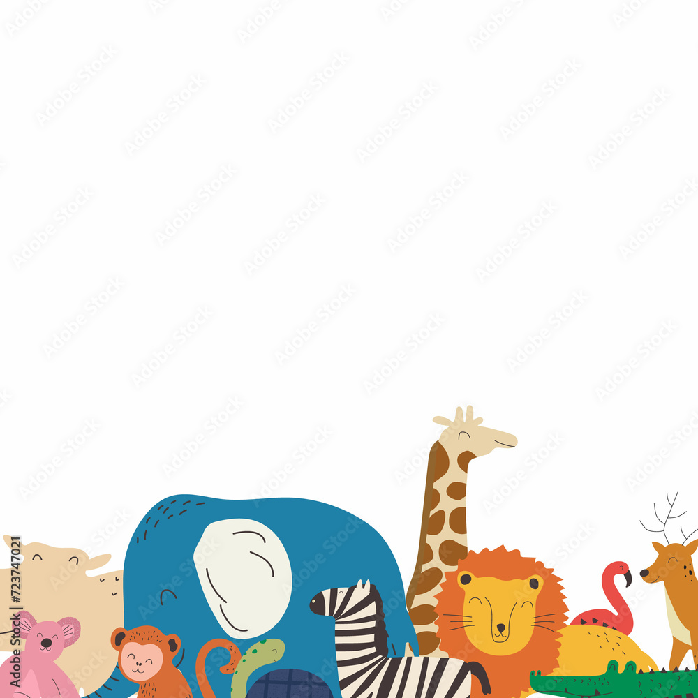 Fototapeta premium Banner with hand drawn colorful animals and empty space. Cute kids style template for design and education. Flat design illustration